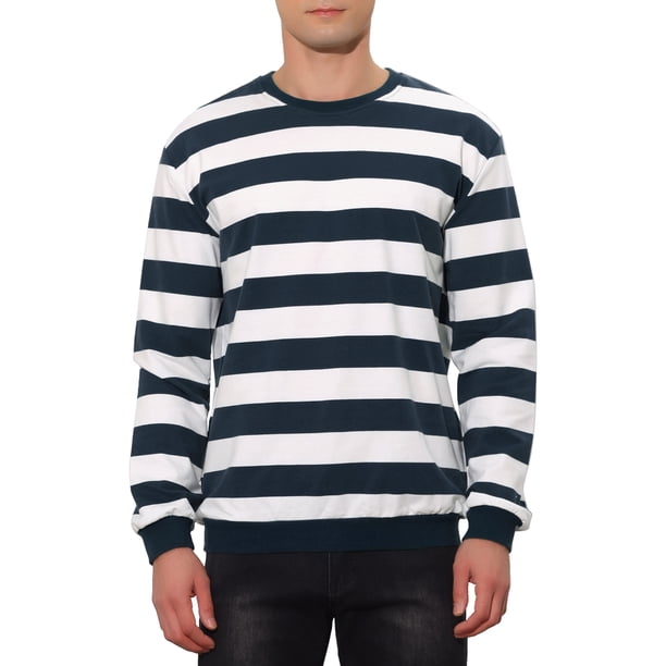 SUDADERA DE HOMBRE INSPIRE CHIC A RAYAS, AJUSTE REGULAR, CUELLO REDONDO, MANGAS LARGAS, PULLOVER IMPRESO, TAMAÑO S, AZUL MARINO Y BLANCO