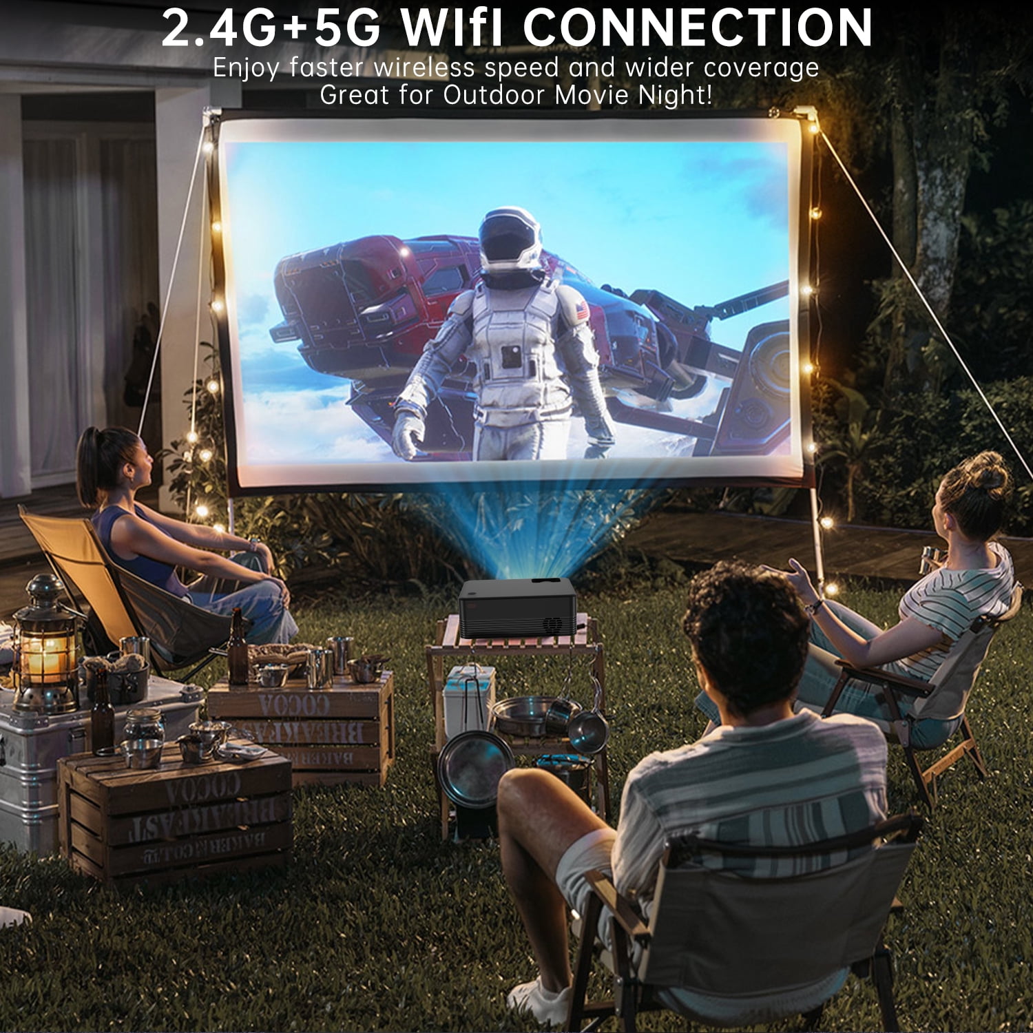 Projector with WiFi and Bluetooth, 2024 Upgrade Outdoor & Camping Projector, Mini Movie Projector Supports 1080P, Wireless & Wired Portable Projector for Home Entertainment & Camping Nights