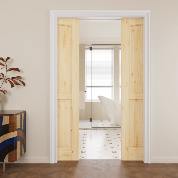 48" x 80" (Double 24") Arch Top Pine Wood Pocket Doors with Soft Close, Solid Door Panel & Pocket Doors Hardware & Frames-as Panty Door, Closet Door, Unfinished Knotty Natural Wood & Ready-to-Stain