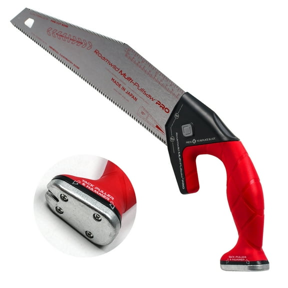 Roamwild Multi Pull Saw PRO Japanese Double Edge Pullsaw  12 inch/30cm 14 TPI & 6.5 inch/17cm 22 TPI - Nail Puller & Hammer
