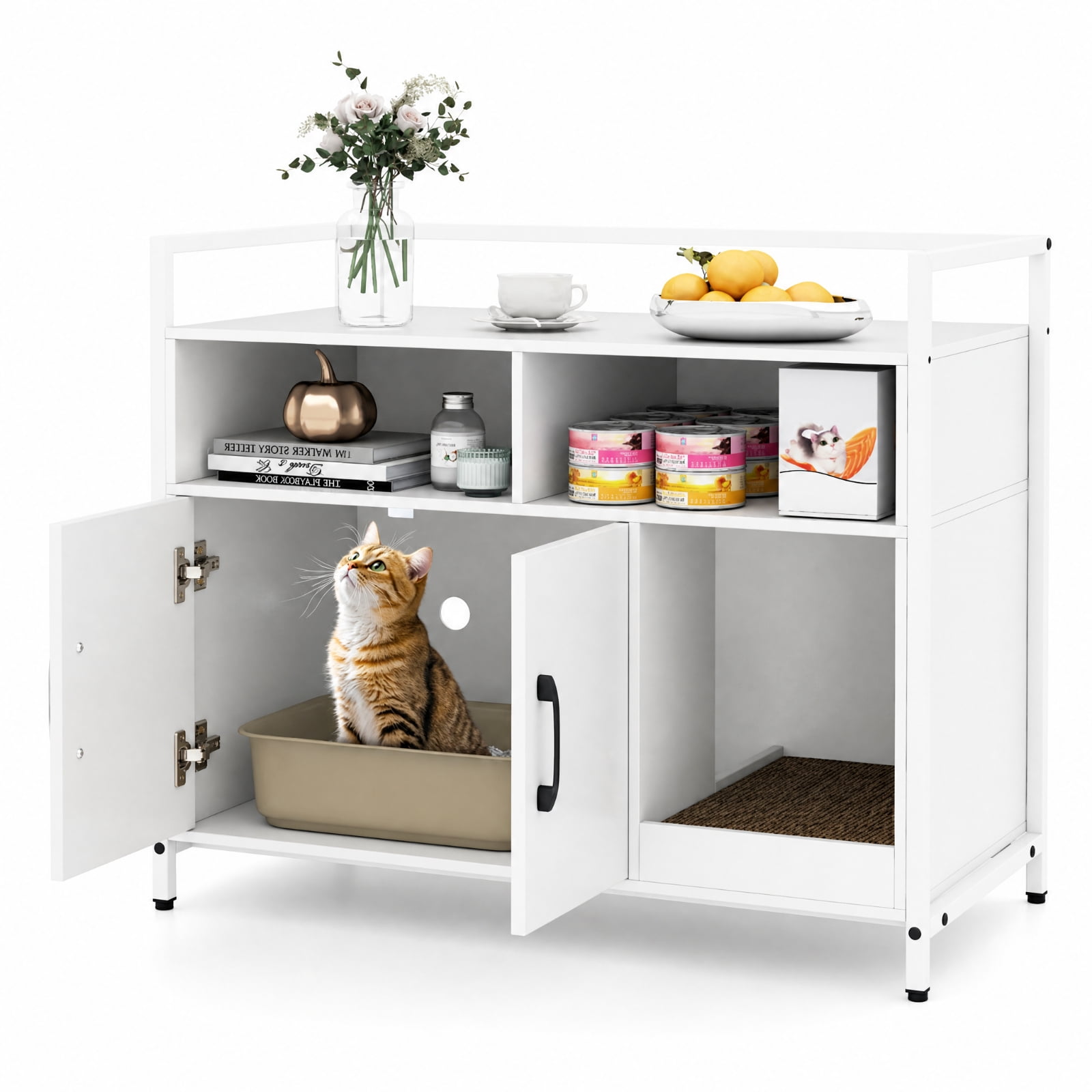 SUGIFT Hidden Cat Litter Box Enclosure, Wooden Cat Washroom Furniture with Double Doors, End Side Table Cat House, Off White