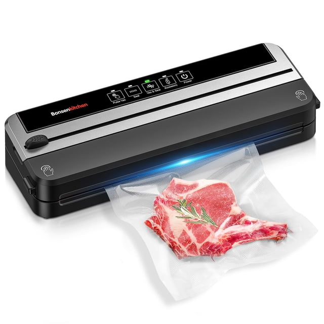 Bonsenkitchen Scelleuse sous Vide, Coupeuse Intégrée / Scelleuse Alimentaire Multifonction pour sous Vide et Préparation de Repas, 5 Sacs Prédécoupés, Argent-Noir