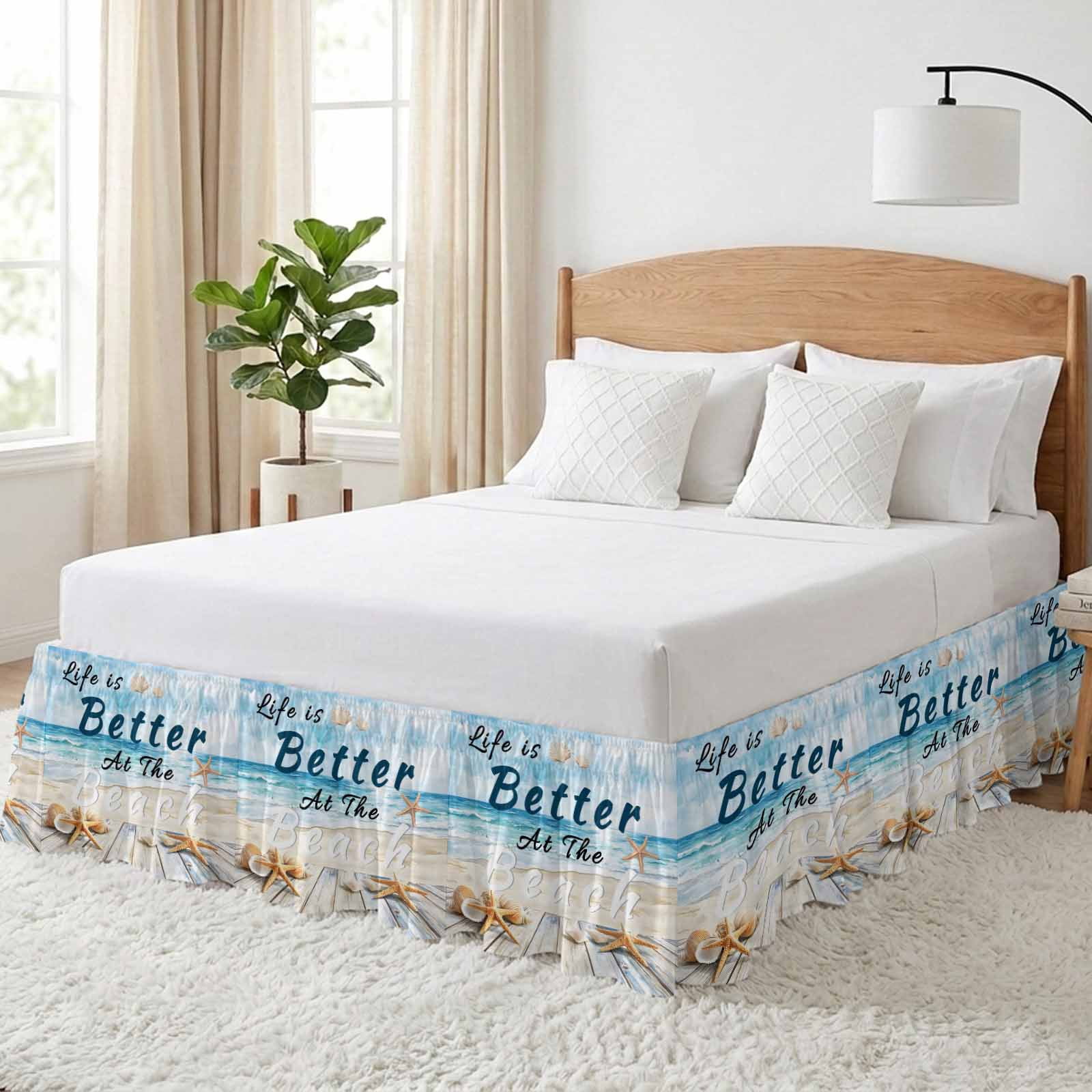 Summer Coastal Beach Bed Skirt Queen Size 16 Inch Drop, Adjustable & Elastic Wrap Around Bed Skirts Pleated Luxury Dust Ruffles For Twin Full Queen Cal King Base Beds, Ocean Wave Starfish Shell
