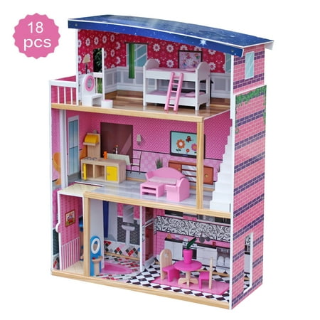 Pink Dollhouse Wooden Pretend Play House With 18 Pcs Dollhouse