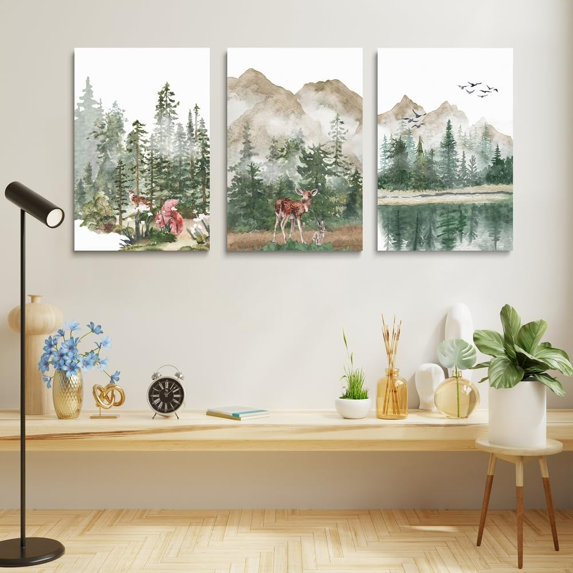 Woodland Nursery Decor Animals Childrens Wall Decor,Mountain Tree Forest Landscape Wall Art for Kids, Watercolor Nature Baby Nursery Decor for Boys or Girls Bedroom,Green Pink Neutral 12"x16"