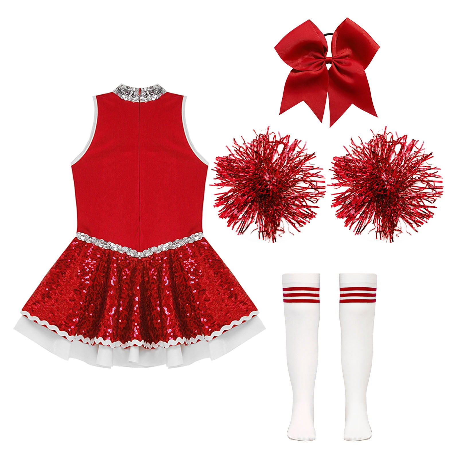 iiniim Girls Cheer Leader Sequins Cheerleading Dress with Pom Poms Headwear Socks for Halloween B Red 12