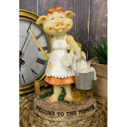 Welcome to The Pigsty Whimsical Cinderella Pig Carrying A Pail and Mop Figurine