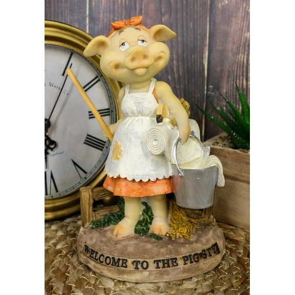 Welcome to The Pigsty Whimsical Cinderella Pig Carrying A Pail and Mop Figurine