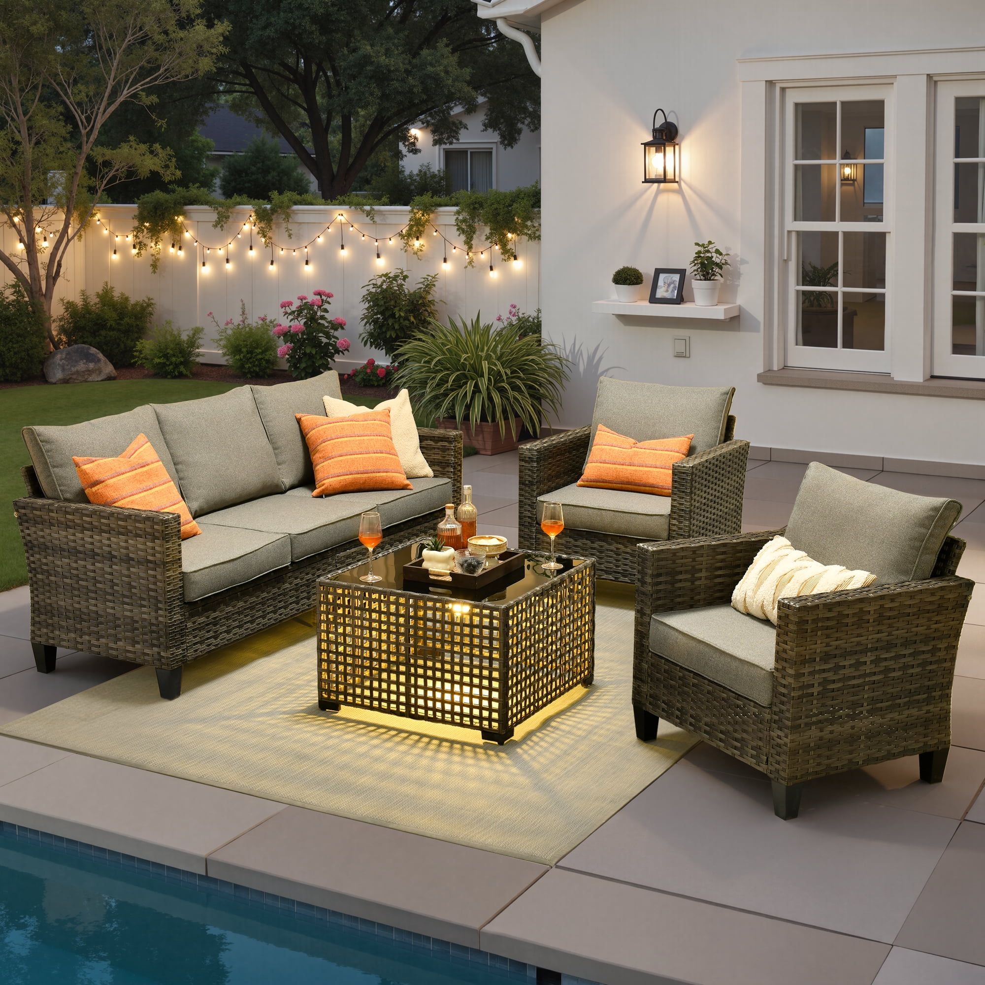 Ovios 4 Pieces Outdoor Patio Furniture Set with Lighted Coffee Table All-Weather Wicker Rattan Conversation Sofa Set, Dark Gray