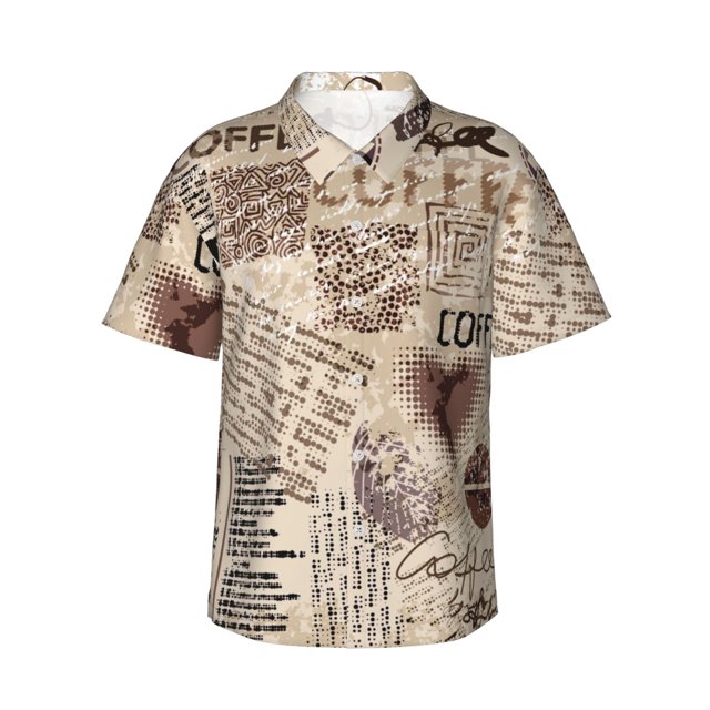 Balery Abstract Coffee Pattern With Letters Print Men's Hawaiian Shirts Short Sleeve Beach Shirt Relaxed Fit Vacation Button Down Shirts,XX-Large