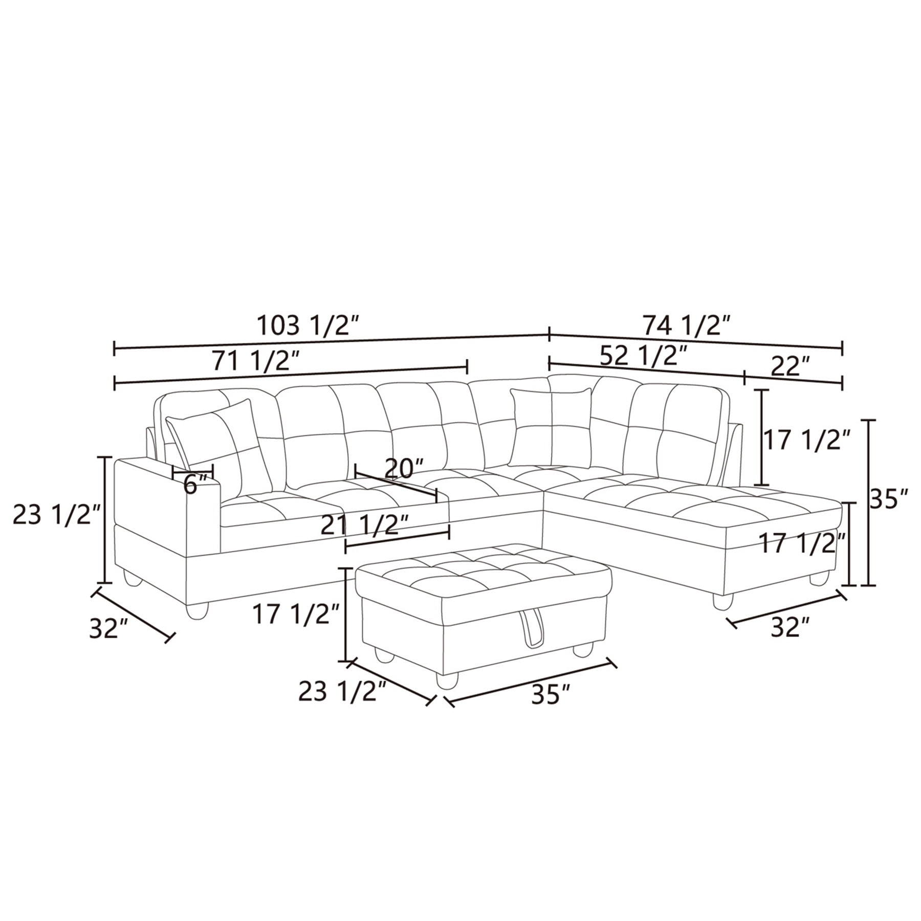 Hommoo Lint & PVC L-Shaped Sectional Couch and Sofa Set, Modern Living Room Furniture Set, Right Side, Brown
