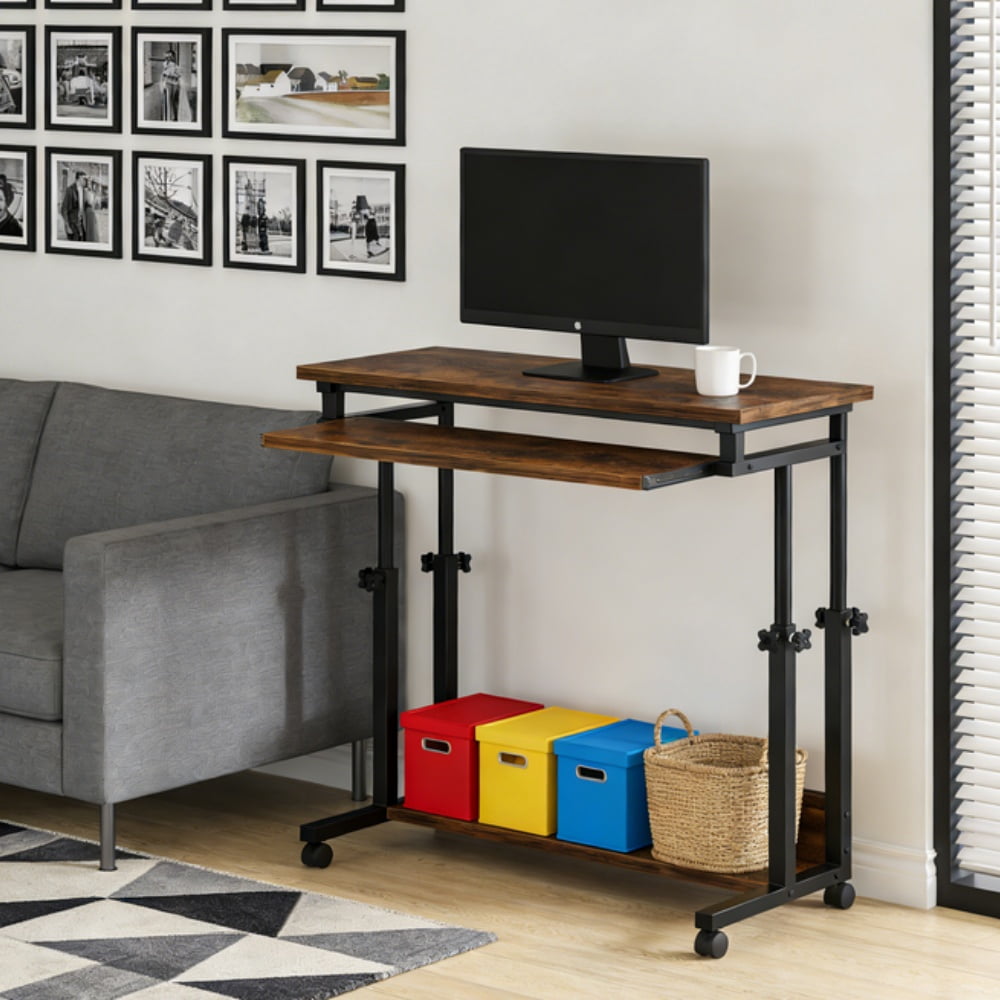 Computer Desk 43In Height Adjustable Rolling Standing Mobile Laptop Cart Small Spaces Students Dorms Home Office Ergonomic Lockable Wheels Hideaway Keyboard Tray Sturdy Tough Quality Workstation Unit