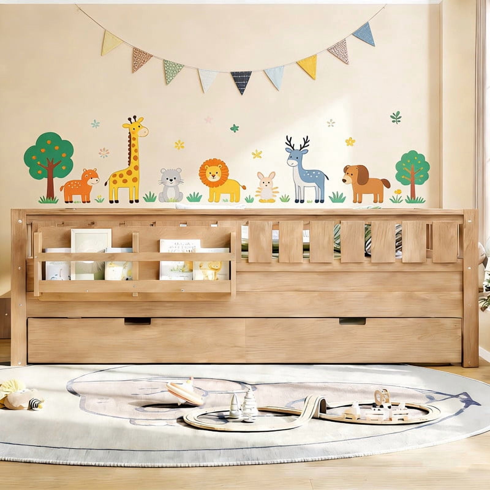 Bellemave Full Bed with Trundle and Small Stairs, Full Size Platform Bed Frame with Rail and Bookshelf, Wooden Montessori Floor Bed No Box Spring Needed,Natural