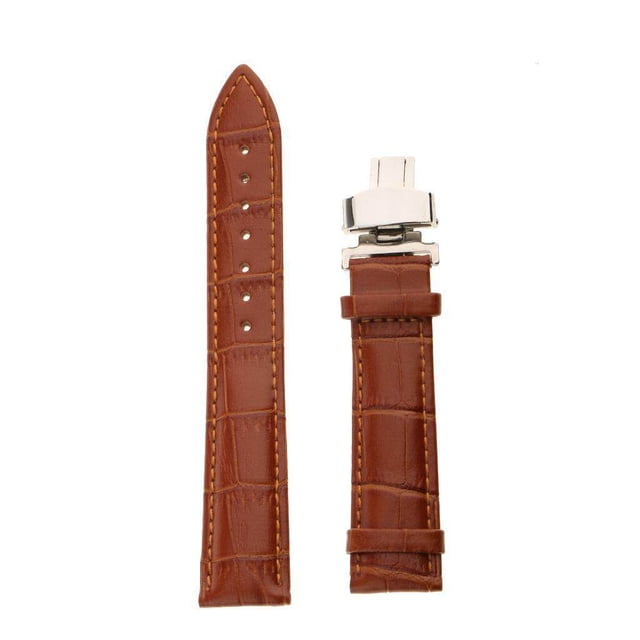 Leather Watch Band Butterfly Deployment Clasp Watch Strap Replacement Buckle Brown 20mm