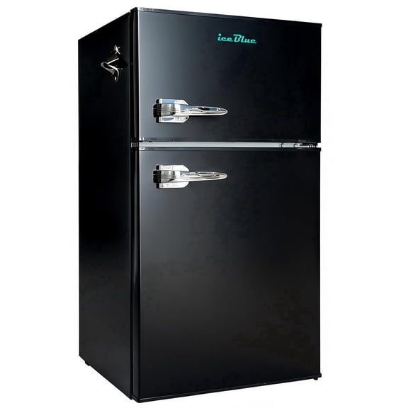 IceBlue 3.2 Cu.ft Retro Mini Fridge with Top Freezer, 2-Door Compact Refrigerator, Adjustable Temperature, with Bottle opener, Removable Glass Shelves, Black