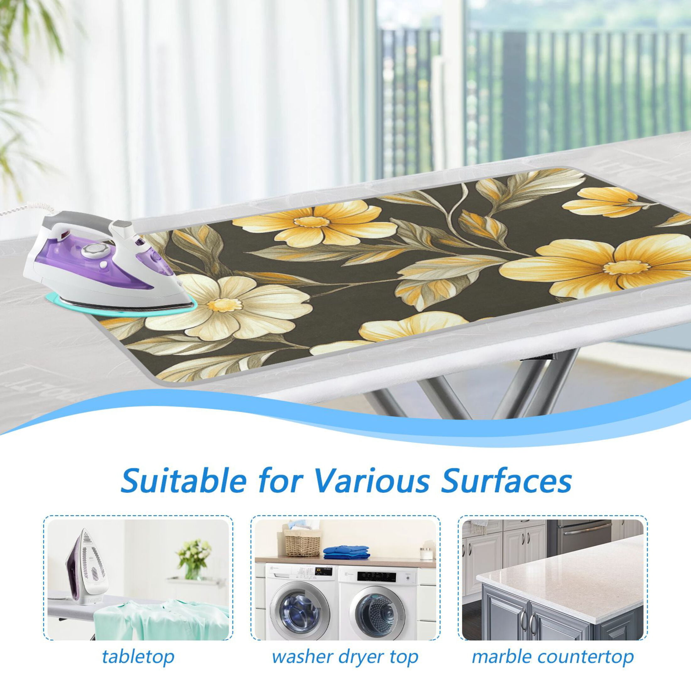 Black Background with Yellow Daisies Ironing Mat Blanket for Table Top Travel Portable Ironing Board Pad 47.2x27.6 Inch