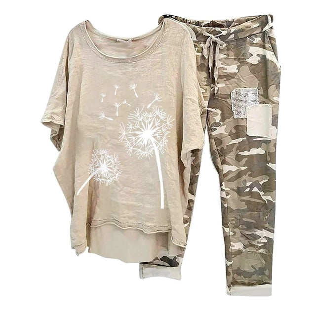 Fankiway Ensemble de Vêtements pour Femmes Col Rond Imprimé Demi-Manche Pull + Pantalon Ensemble 2 Pcs