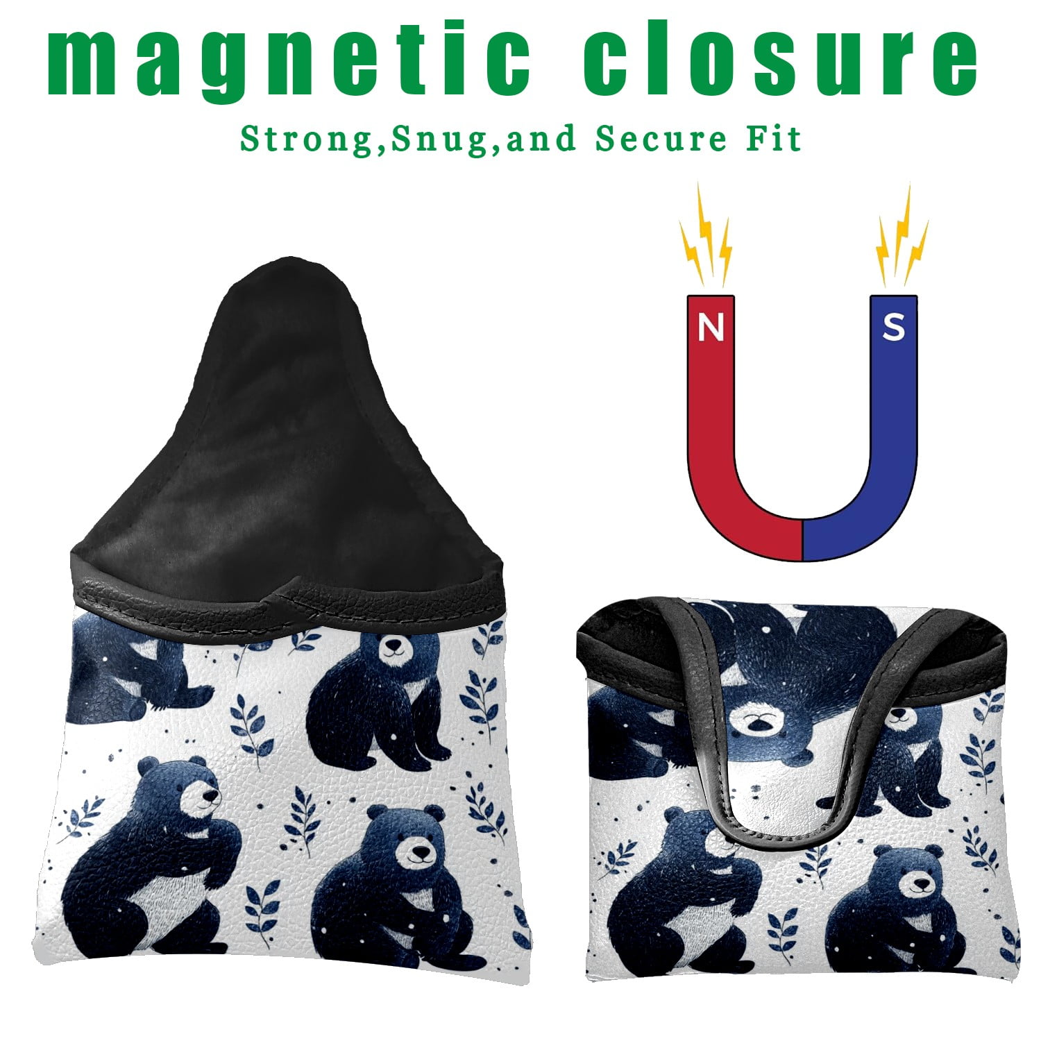 Golf Mallet Putter Cover Premium Leather Golf Putter Head Cover with Magnetic Closure Golf Cover for Men and Women Bear Pattern