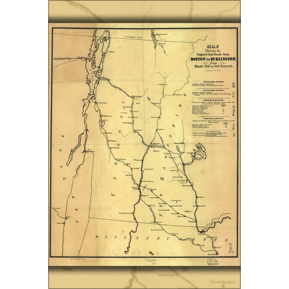 24"x36" Gallery Poster, Map proposed railroads Boston to Burlington 1844