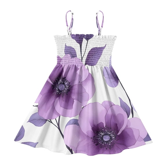 DALAWU Lightweight Lilac Anemone Pattern Smocked Sundress Adjustable Strap Flowy A-Line Summer Dress