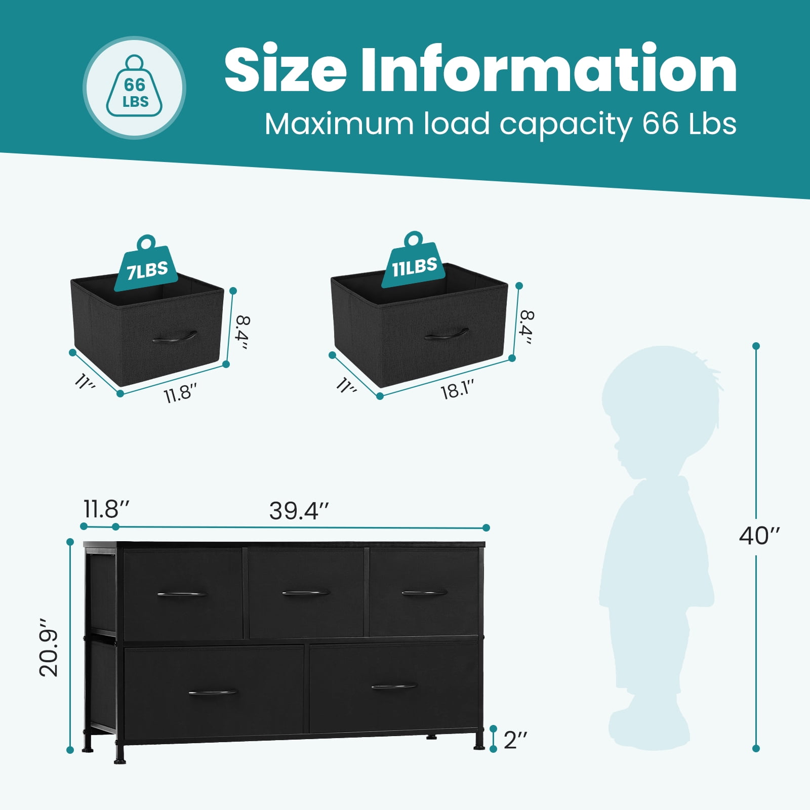 Gianna 5-Drawer Dresser, Large Capacity Fabric Organizer, Black