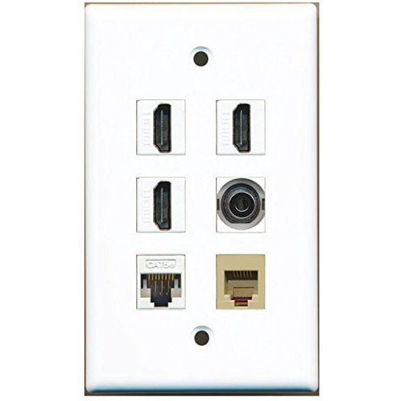 RiteAV - 3 HDMI 1 Port Phone RJ11 RJ12 Beige 1 Port 3.5mm 1 Port Cat5e Ethernet White Wall Plate