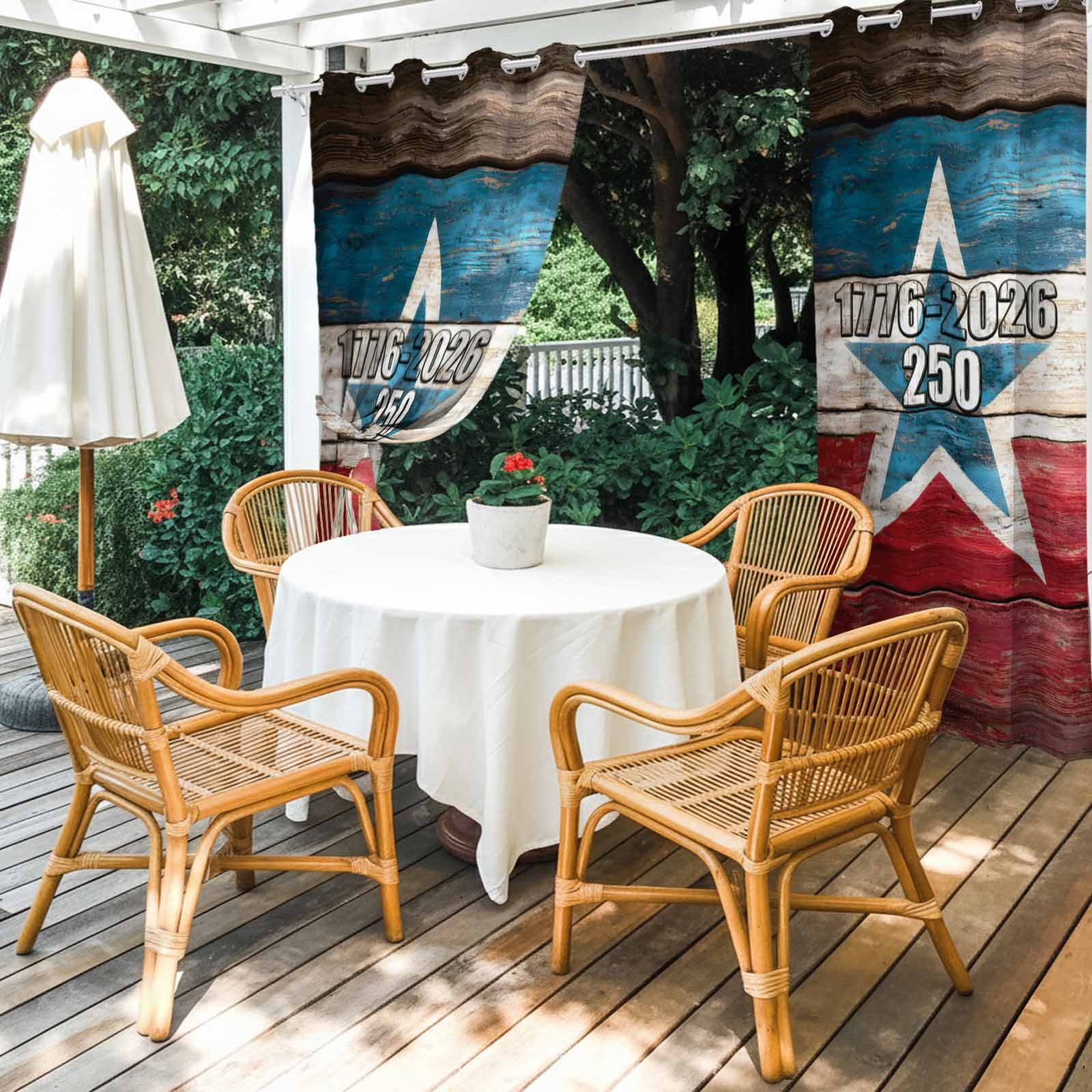 Independence Day Outdoor Curtains for Patio, America Years Vintage Country Red Blue Wood Grain Sunshade Privacy Drapes Grommet Waterproof Outside Curtains for Porch/Cabana/Balcony 54"x 108", 1 Panel
