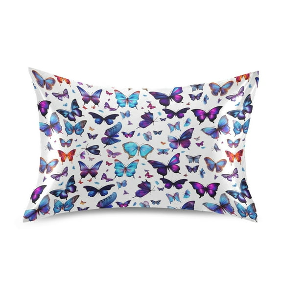 Satin Pillow Case Purple Blue Butterflies Standard Silk Pillow Cover for Hair and Skin Envelope Closure 20"x26"