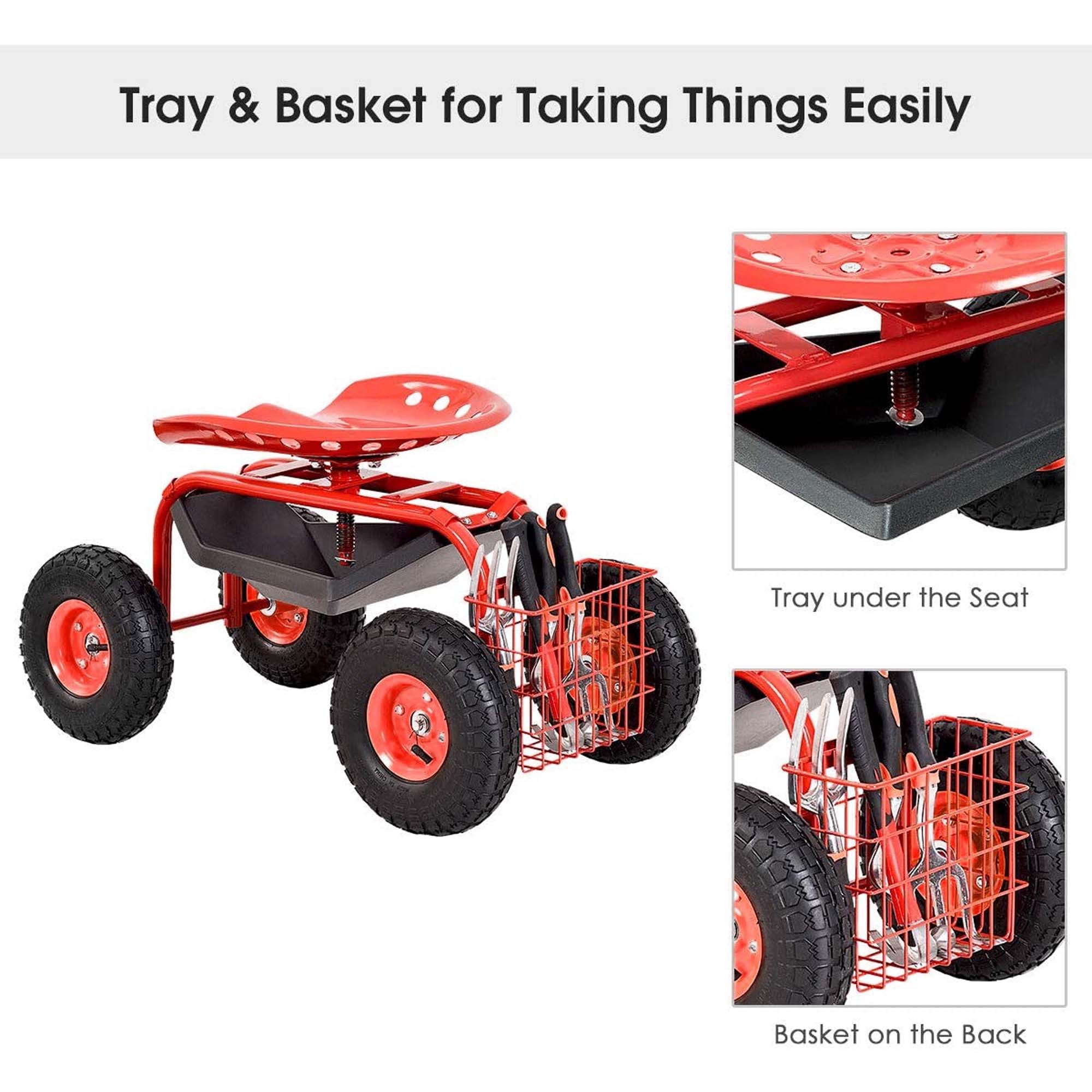 Aukfa Rolling Garden Cart Scooter with Swivel Seat, Wheels, and Tool Tray - Red