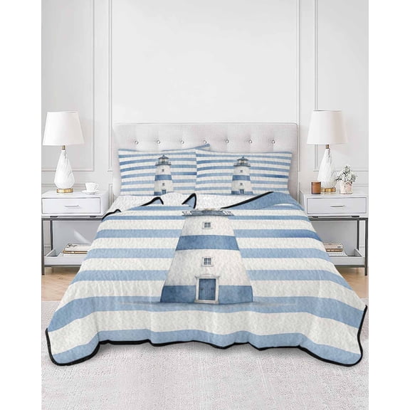 Quilts Full Size, Navy Blue Lighthouse Soft Comforter Bedding Set for Bed, Coastal Nautical Summer Striped Lightweight Quilted Bedspread with Pillow Cover(2 Pieces) for All Season, 78x90 Inch
