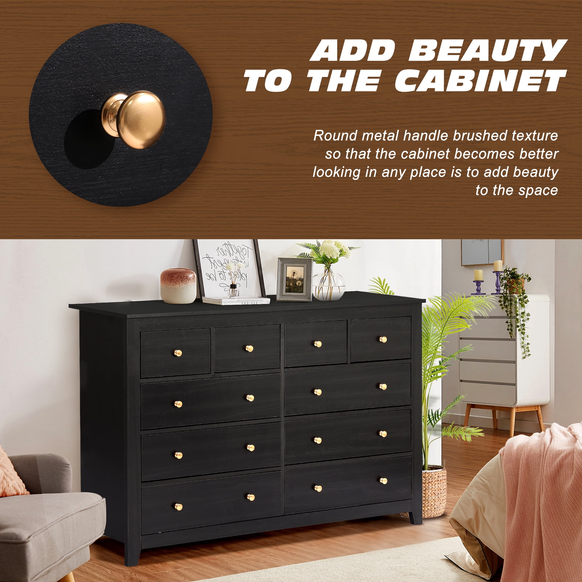Magic Union 10 Drawer Double Dresser with Metal Handles and Various Size Wide Deep Drawers,Smooth Metal Rail,Modern and Contemporary Wood Dresser Chest for Bedroom,Living Room,Closet,Black