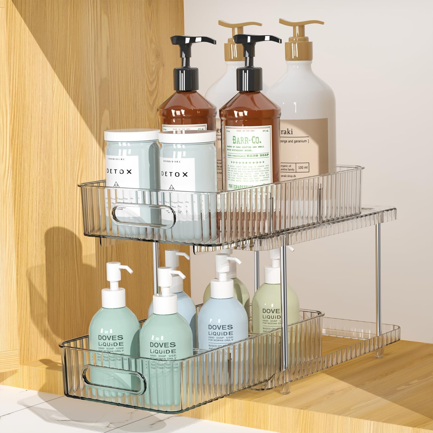 rangement e liquide Organisateur de Cabinet de Salle de Bain, Organisateurs et Rangements à 2  Niveaux sous Évier, Étagères de Rangement et d'Organisation de Médicaments  de Cuisine Multi-Usages avec Séparateurs Amovibles