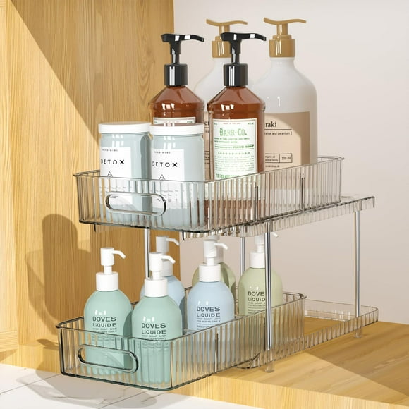 Bathroom Cabinet Organizer, 2 Tier Pull Out Clear Under Sink Organizers and Storage, Multi-Purpose Kitchen Pantry Medicine Organization and Storage Shelves Bins with Movable Dividers