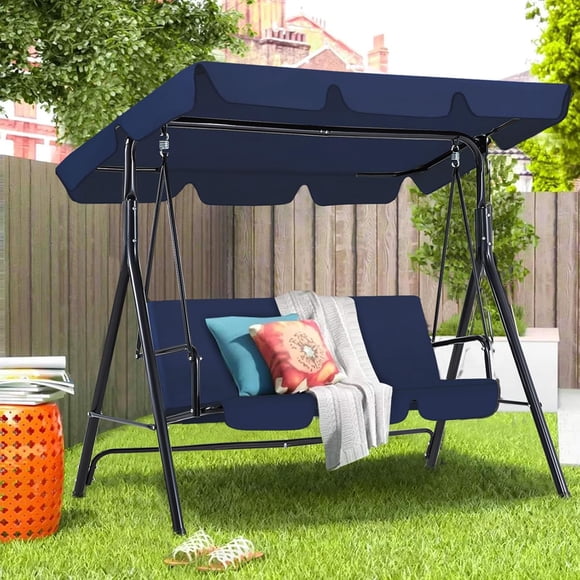 AECOJOY Outdoor Patio Swing Chair for Adults, 3-Seat Porch Swing with Adjustable Canopy & Removable Cushion, Backyard, Garden or Poolside Swing Bench in Dark Blue