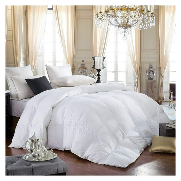 Queen Goose Down Comforter, 600TC Egyptian Cotton, All Season White