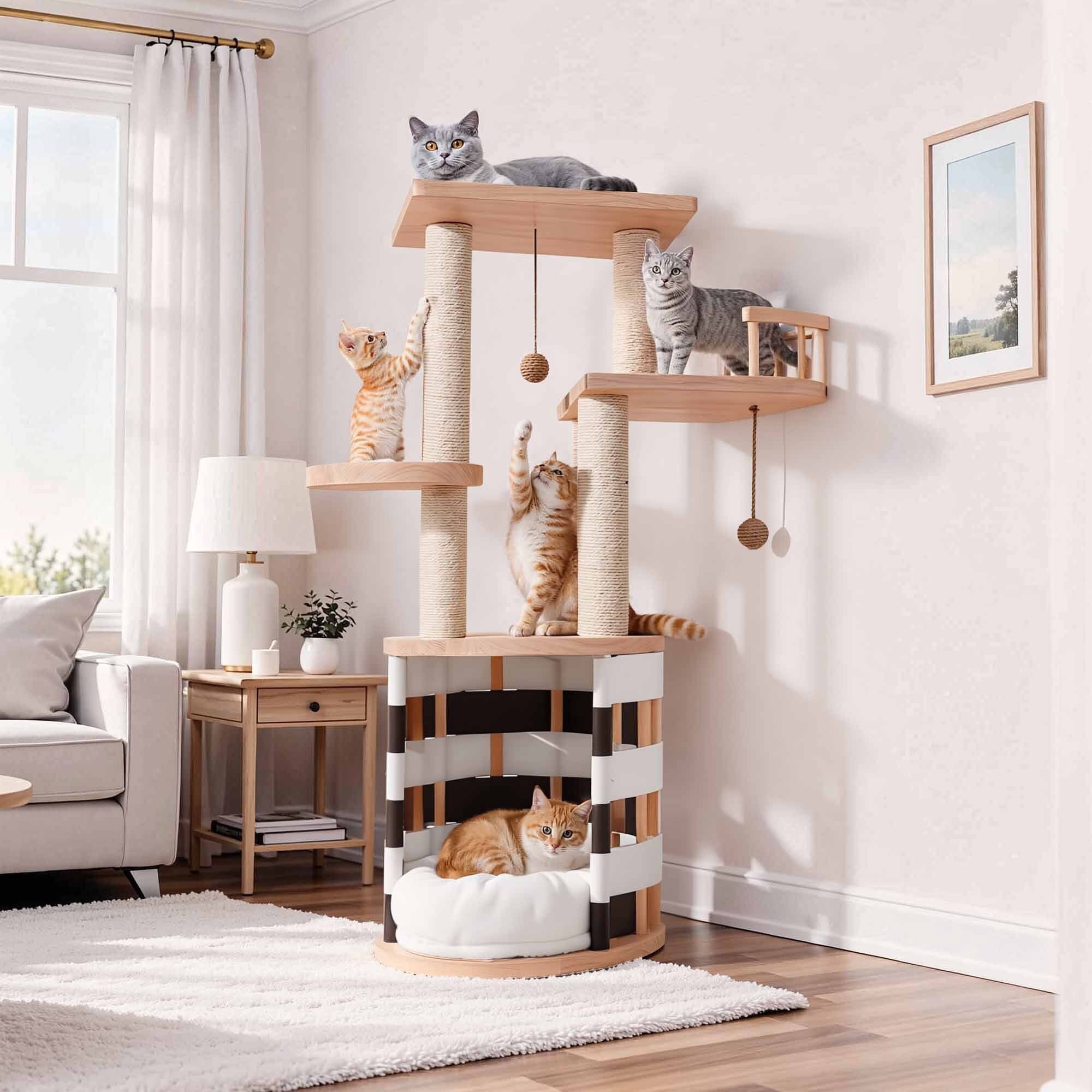 Uforic 40 in Solid Pine Wood Cat Tree, Multi-Level Cat Tower with Cat House, Observation Perches, Plush Bed & Sisal Scratching Posts, Indoor Cat Furniture
