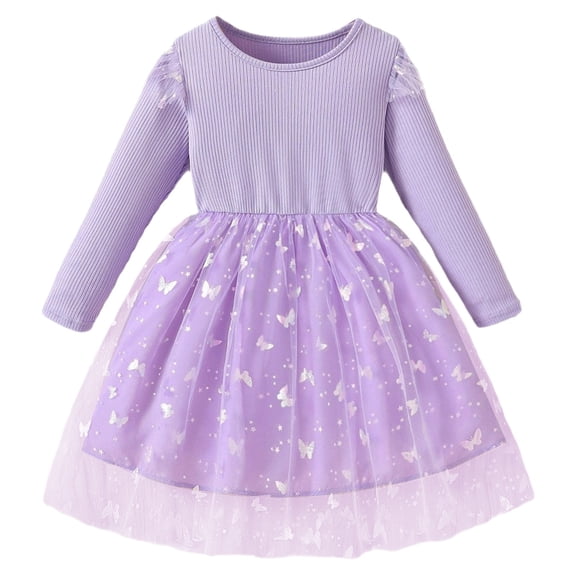 CUZIBR Girls Long Sleeve Dresses Knitted Patchwork Long Sleeves Full Butterflies Pattern Tutu Dress Gown Formal Attire Clothes,Purple,5-6 Years