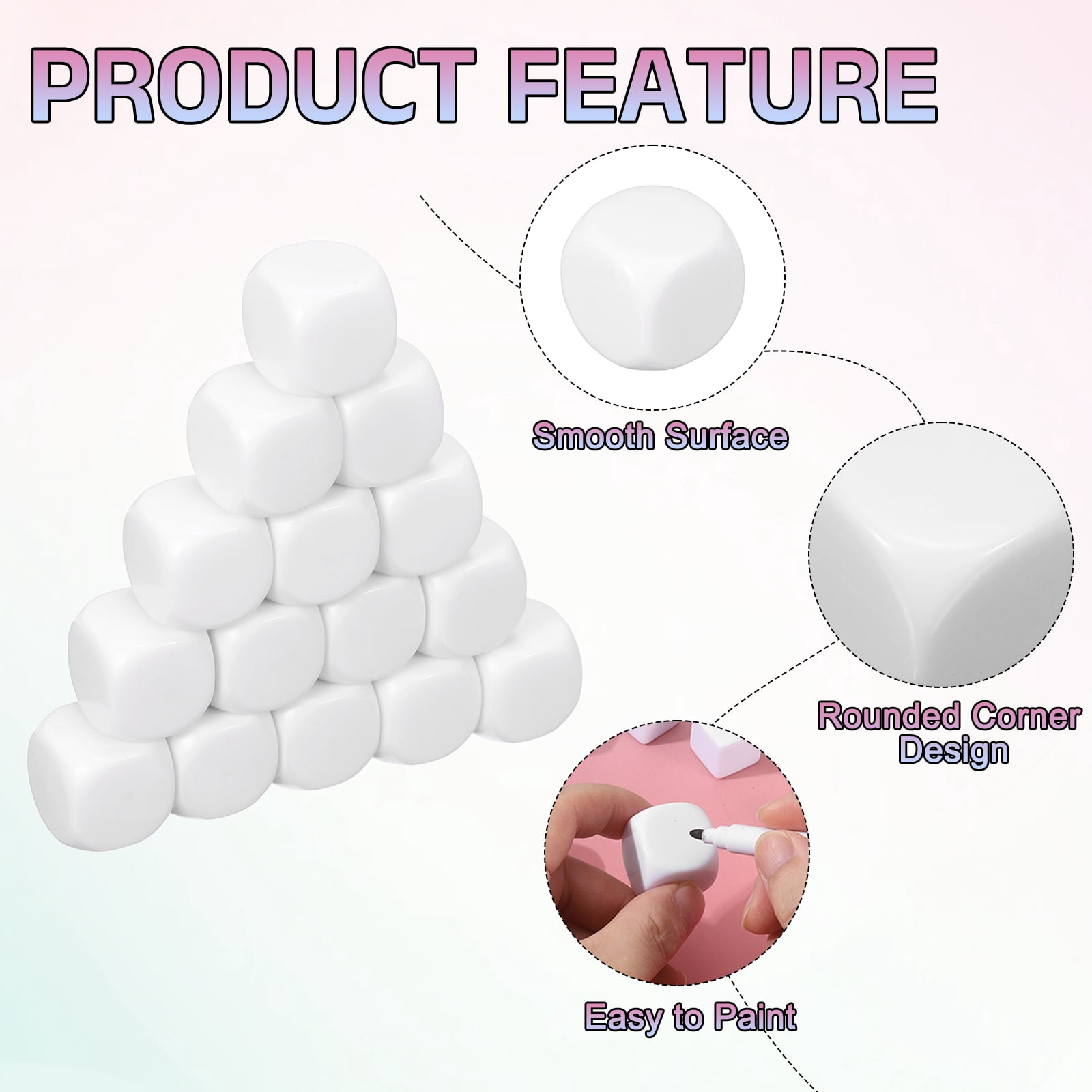 50Pack Acrylic Blank Dice, 25mm/0.98" Acrylic Rounded Corner Six Sided Blank White Dice Blocks with Smoothed Surface for Board Games Party Fun
