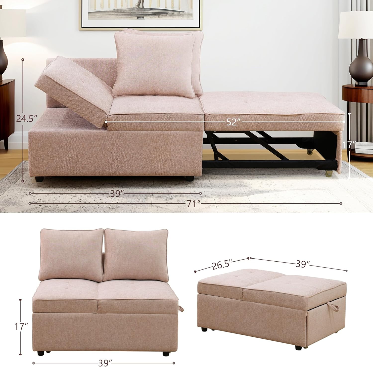 4-in-1 Convertible Futon Pull Out Sofa Bed, Modern Single Sleeper Couch Bed with 2 Pillows for Home Living Room Dorms, Pink