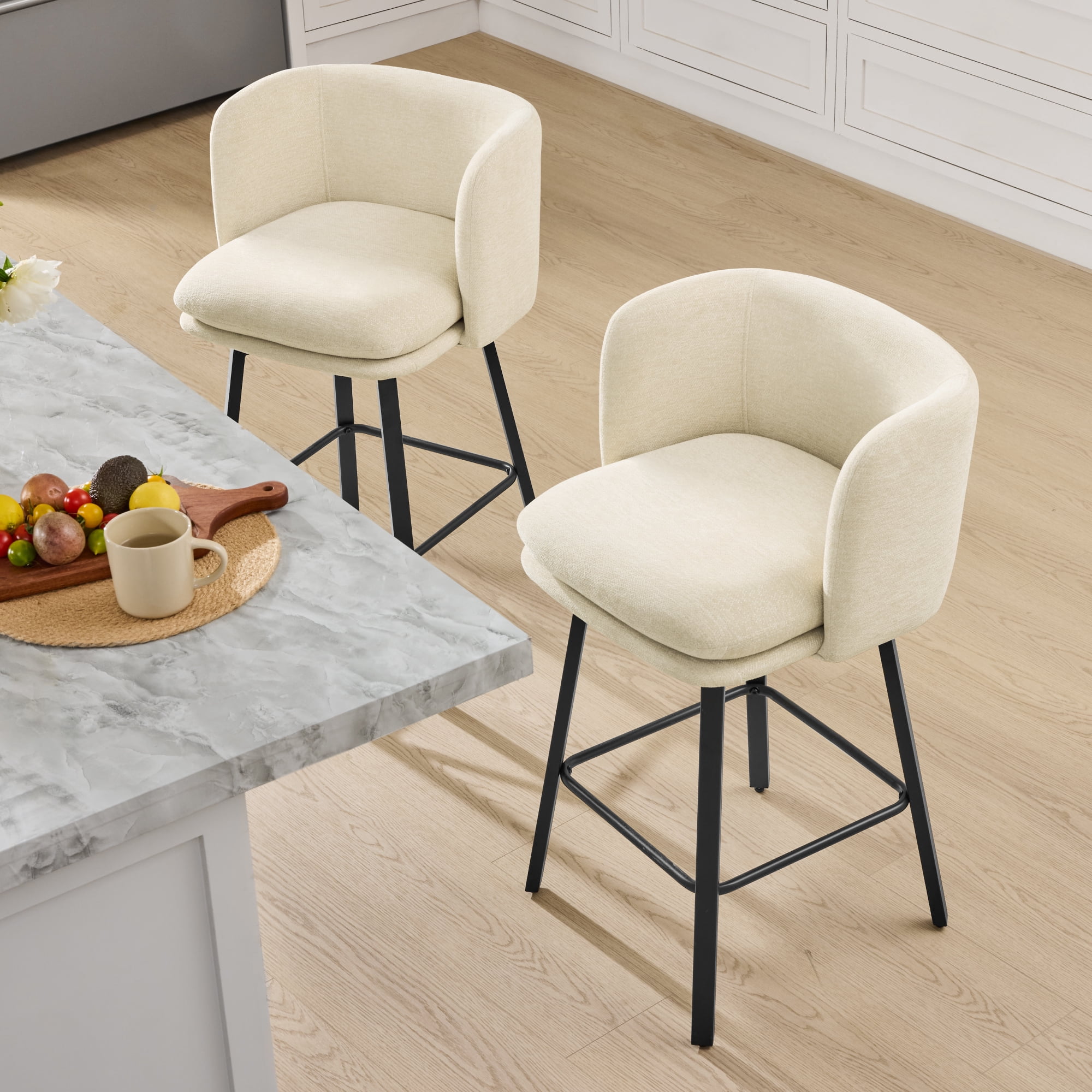 Spruce & Spring Modern Swivel Counter Stool with Barrel-Back Design and Upholstered Seat SandSet of 2, Sand