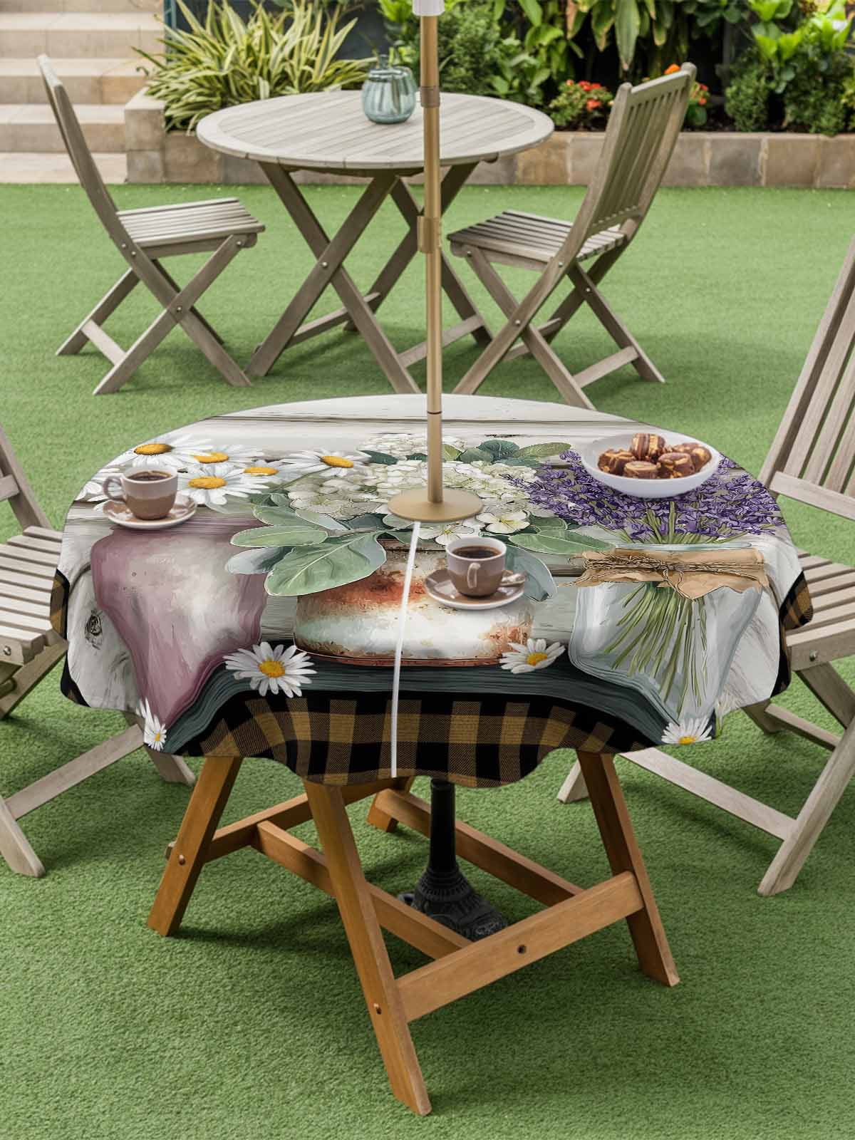 Spring Floral Outdoor Tablecloth - 54 Inch Round Dining Table Cover, Pastoral Bottle Flowers Wood Brown Plaid Waterproof Outdoor Table Cloth with Umbrella Hole & Zipper for Picnic/Patio/Party