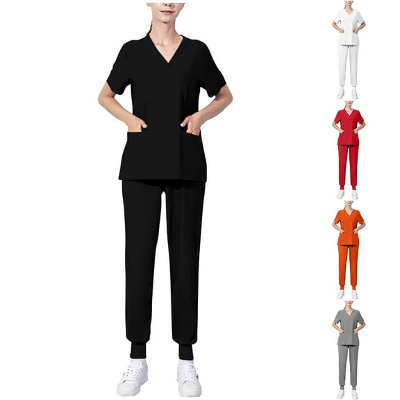 Jinhomg Women's Nurse Scrubs Set 2 Piece Casual Solid Scrub Suits Casual Loose Short Sleeve V-Neck Tunic Tops and Jogger Pants with Pockets Clearance Items for Women Black L