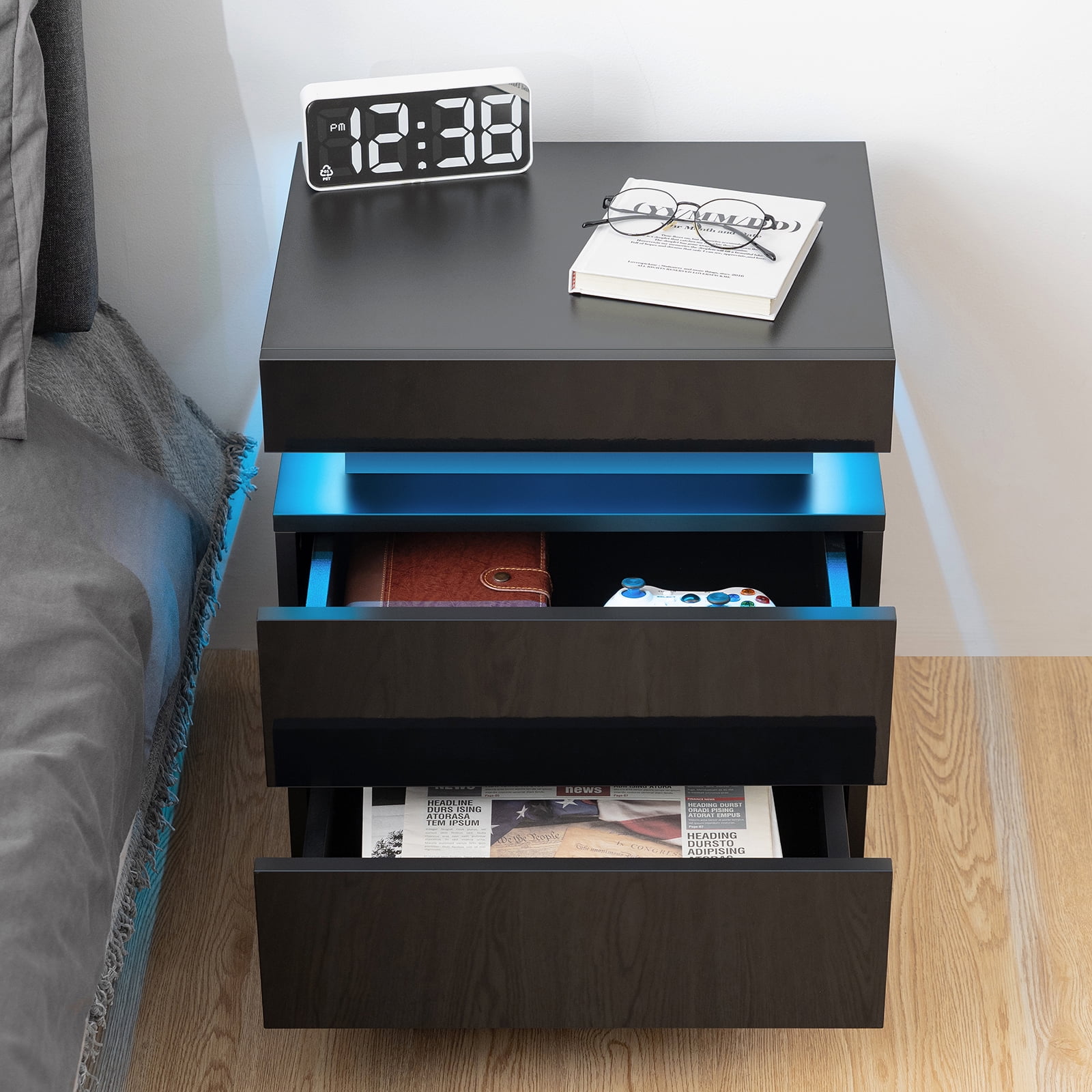 Hommpa set of 2 Modern Nightstand with LED Light High Gloss Bedside Tables for Bedroom, Night Stand with 2 Drawer Side Table Cabinet, Black