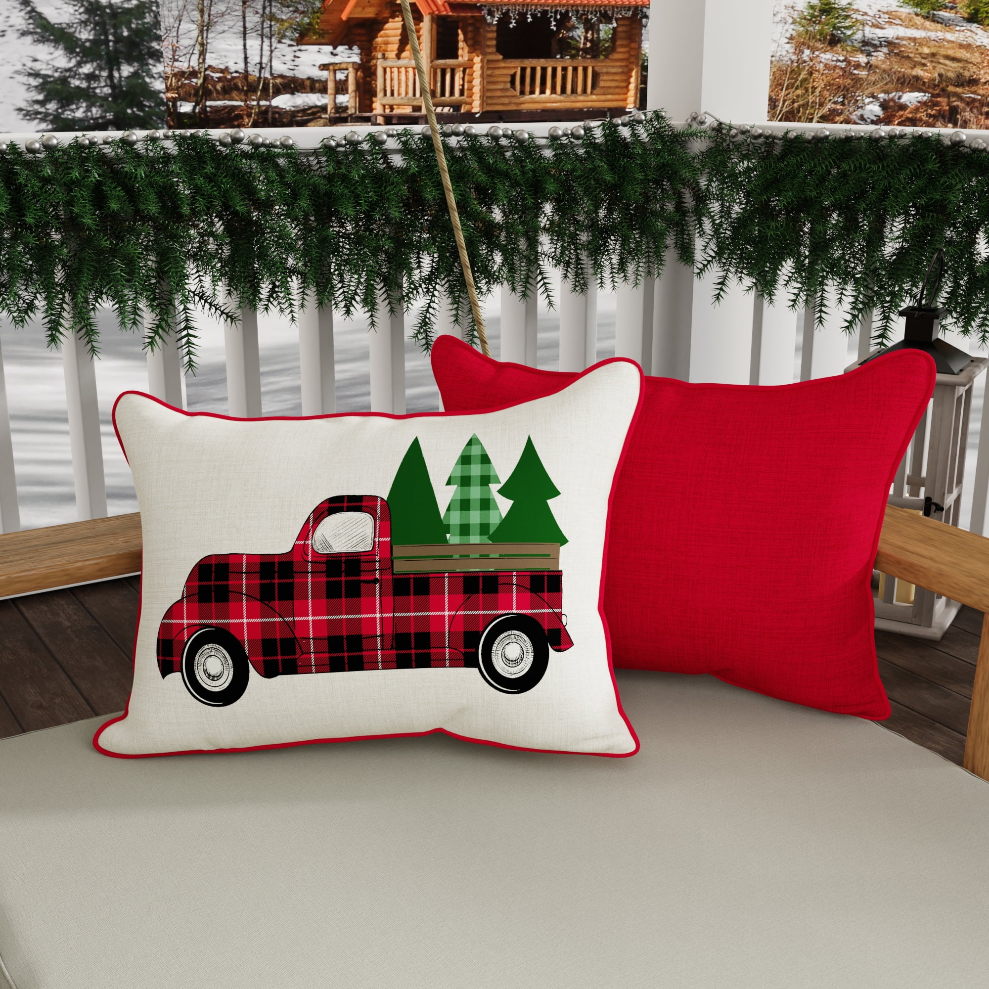 Jordan Manufacturing 12" x 16" Christmas Tree Truck White Novelty and Red Solid Reversible Rectangular Outdoor Lumbar Throw Pillow with Welt (2-Pack)
