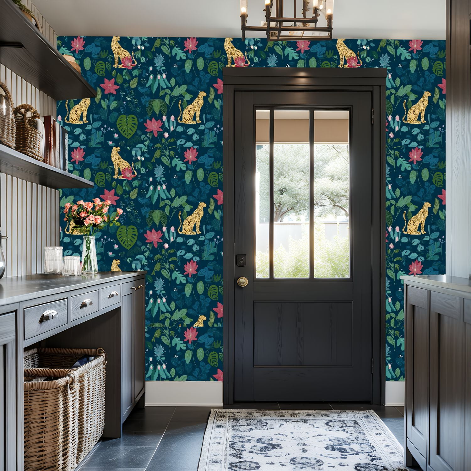 Cheetah Peel and Stick Wallpaper 17.7in x 9.8ft Leopard Tropical Flowers Greenery Dark Contact Paper Vinyl Waterproof Self Adhesive Wall Paper for Bedroom Shelf Cabinet Renter Friendly