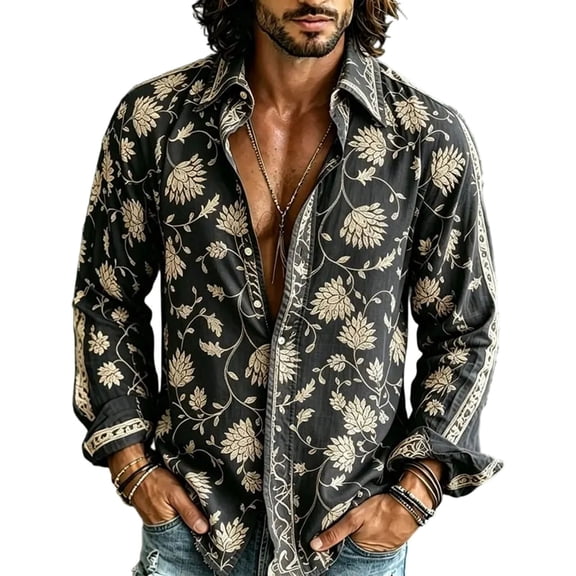 Men's 70s Vintage Flower Print Button Shirt Casual Relaxed Vacation Top Bohemian Resort Holiday Wear Tunic