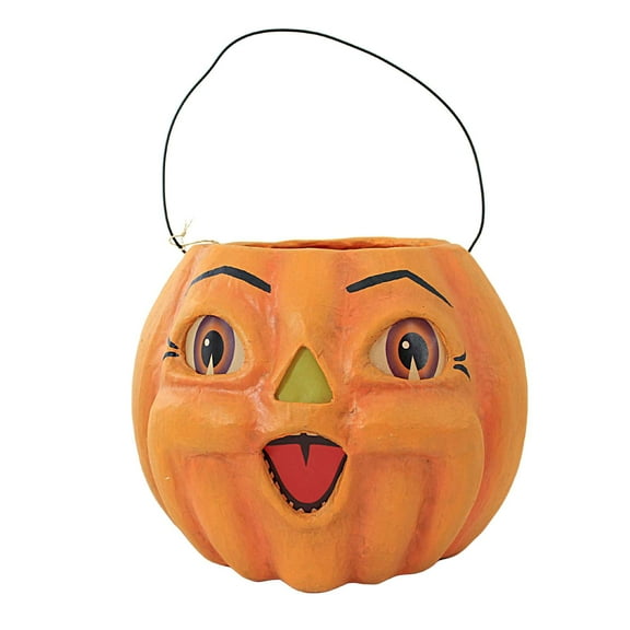 Bethany Lowe 7.0 Spunky Pumpkin Bucket Paper Mache Halloween Wire Handle