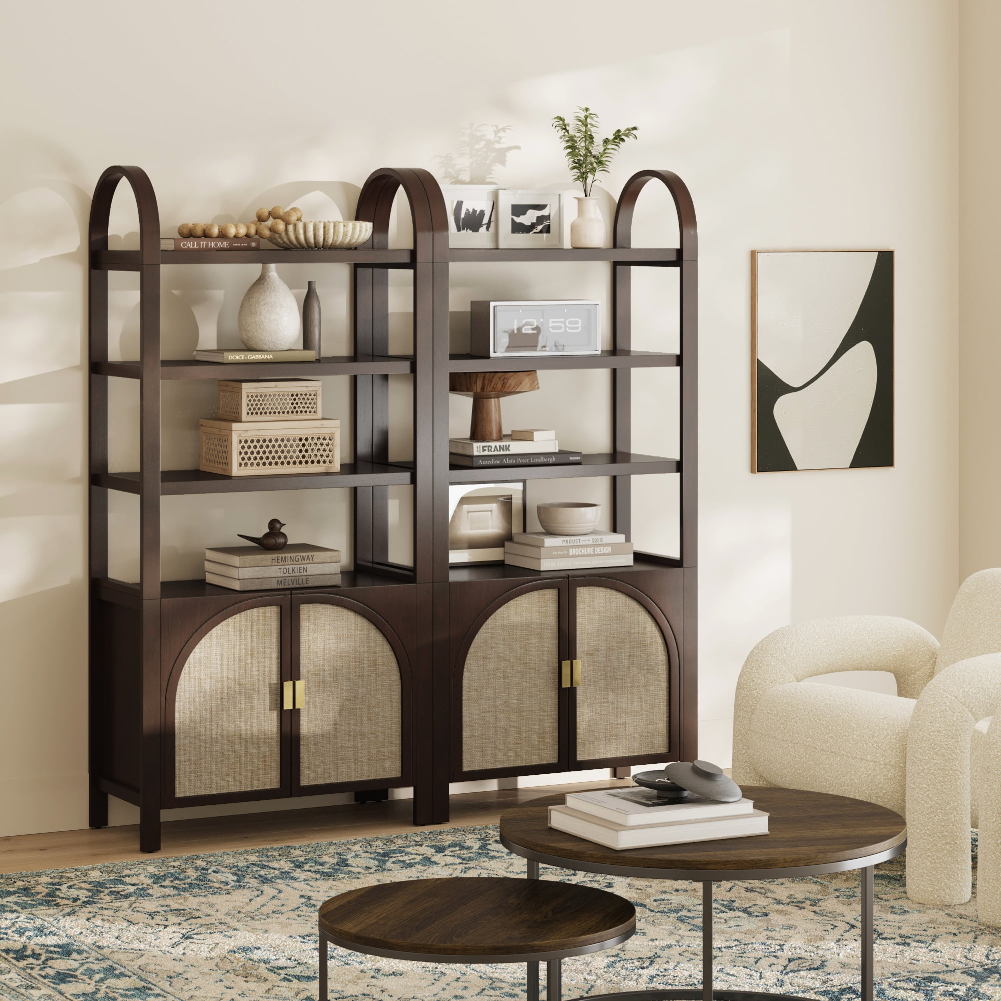 Nathan James Paxton Boho Bookshelf Cabinet with Solid Wood Frame Rattan Bookshelf with Cabinet Base, Arched Bookcase Cabinet for Living Room or Home Office, Dark Acacia