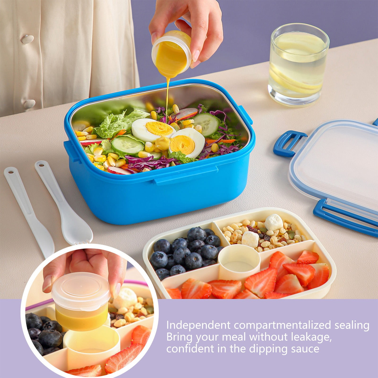 Rijanmt 304 Stainless Steel Lunch Box With 1 Fork & Knife,50.7 Oz Large Food Storage Container With 4-Compartments-Lid,Reusable Divided Meal Prep Box For Home Work Travel,Adults Students Use,Blue