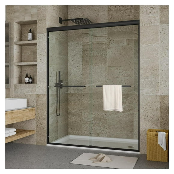 Pivot Shower Door - 1/4"(6mm) Clear SGCC Tempered Glass, Semi-Frameless Glass Shower Door with Stainless Steel Handles